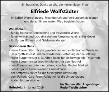 Traueranzeige von Elfiede Wolfstädter von Fränkische Nachrichten