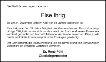 Traueranzeige von Else Ihrig von Schwetzinger Zeitung