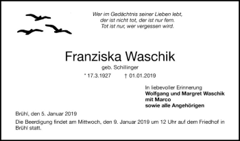 Traueranzeige von Franziska  Waschik von Schwetzinger Zeitung