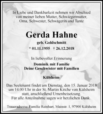 Traueranzeige von Gerda Hahne von Fränkische Nachrichten