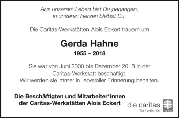 Traueranzeige von Gerda Hahne von Fränkische Nachrichten