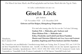 Traueranzeige von Gisela Lück von Mannheimer Morgen