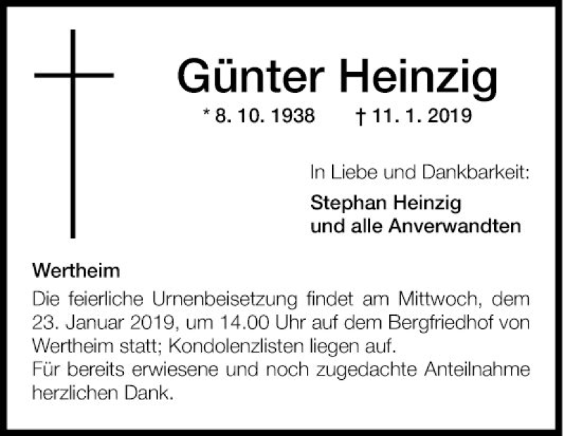  Traueranzeige für Günter Heinzig vom 16.01.2019 aus Fränkische Nachrichten