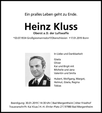 Traueranzeige von Heinz Kluss von Fränkische Nachrichten
