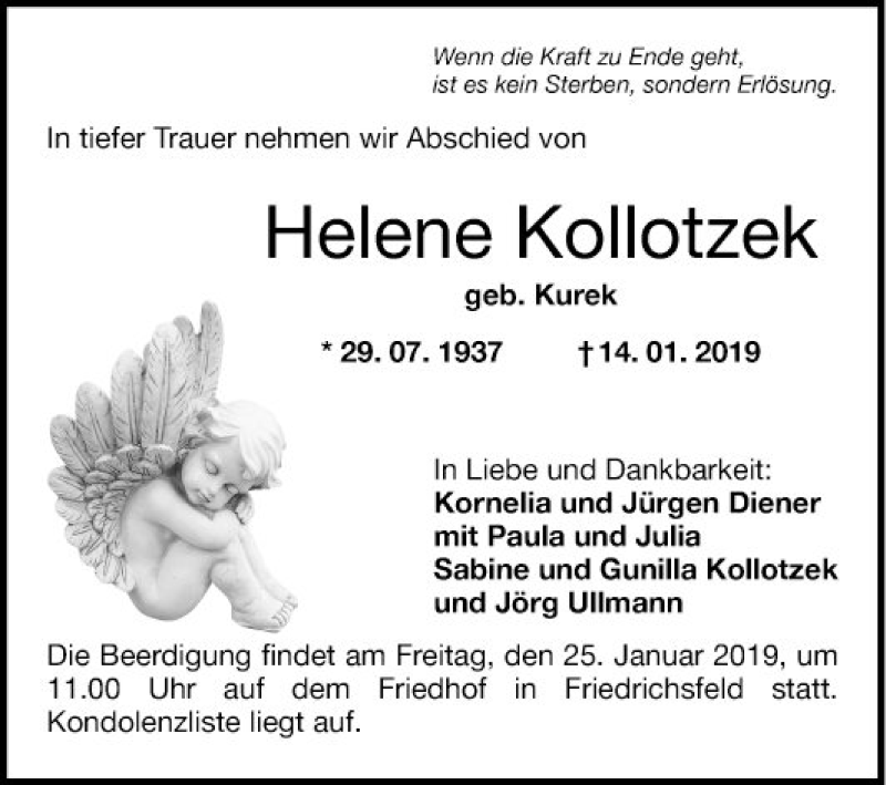 Traueranzeige für Helene Kollotzek vom 19.01.2019 aus Mannheimer Morgen
