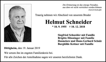 Traueranzeige von Helmut Schneider von Fränkische Nachrichten