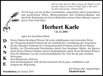 Traueranzeige von Herbert Karle von Fränkische Nachrichten