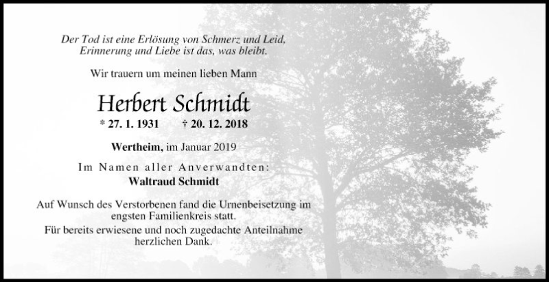  Traueranzeige für Herbert Schmidt vom 03.01.2019 aus Fränkische Nachrichten