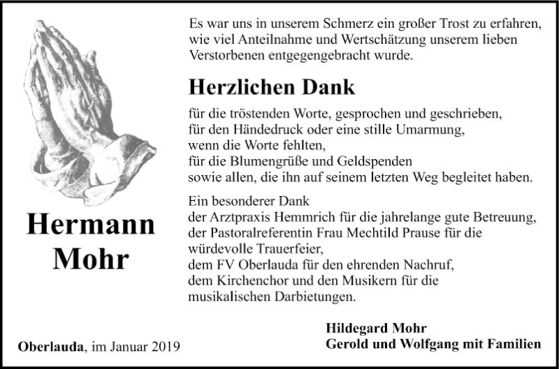  Traueranzeige für Hermann Mohr vom 05.01.2019 aus Fränkische Nachrichten