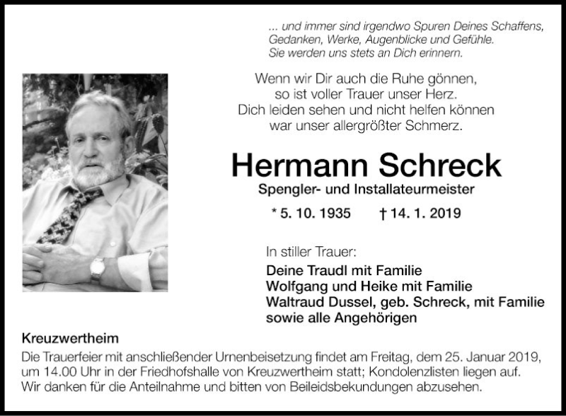  Traueranzeige für Hermann Schreck vom 19.01.2019 aus Fränkische Nachrichten