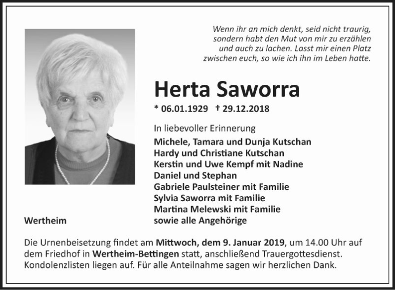  Traueranzeige für Herta Saworra vom 07.01.2019 aus Fränkische Nachrichten