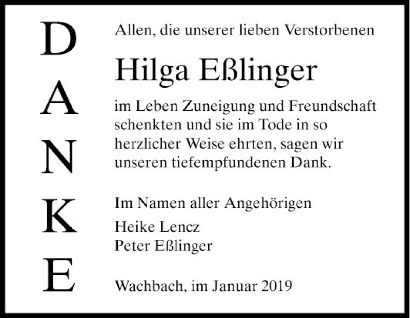  Traueranzeige für Hilga Eßlinger vom 21.01.2019 aus Fränkische Nachrichten
