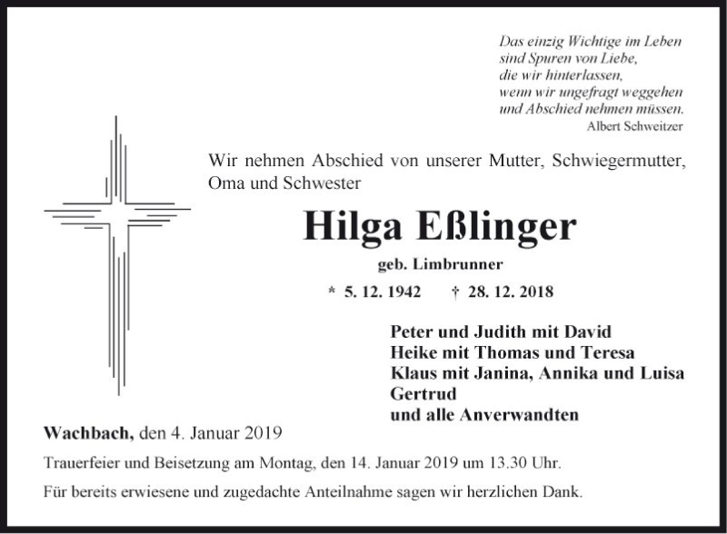  Traueranzeige für Hilga Eßlinger vom 04.01.2019 aus Fränkische Nachrichten