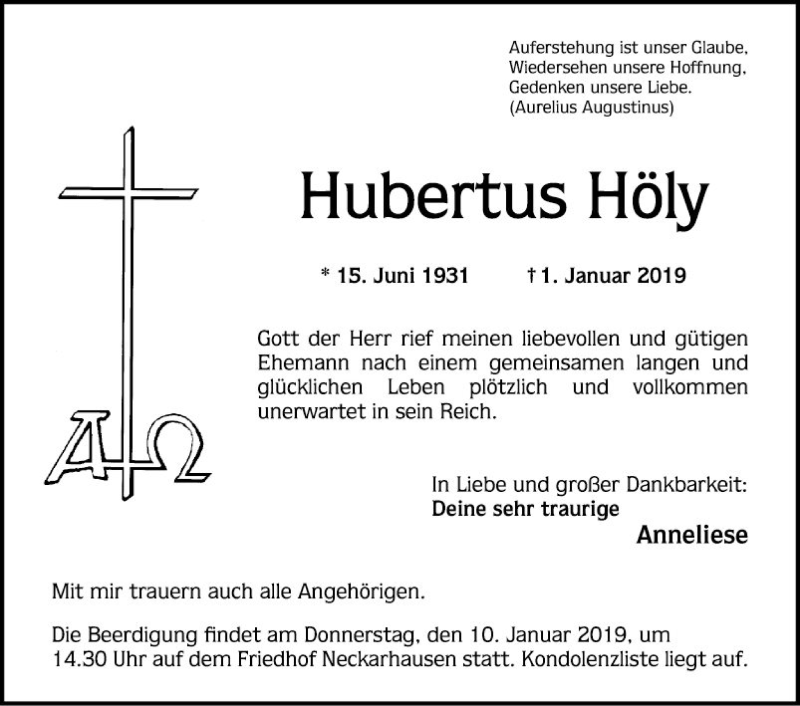  Traueranzeige für Hubertus Höly vom 05.01.2019 aus Mannheimer Morgen