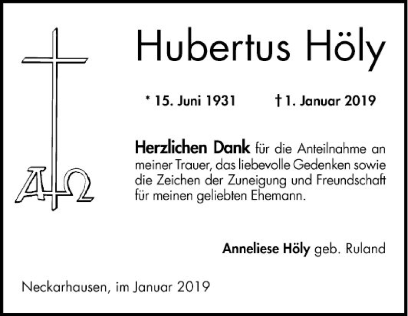  Traueranzeige für Hubertus Höly vom 19.01.2019 aus Mannheimer Morgen
