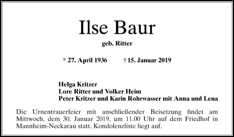  Traueranzeige für Ilse Baur vom 26.01.2019 aus Mannheimer Morgen