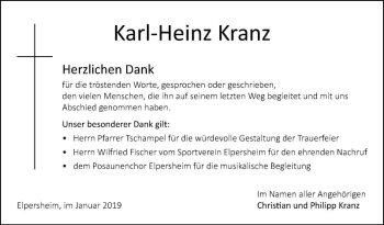 Traueranzeige von Karl-Heinz Kranz von Fränkische Nachrichten