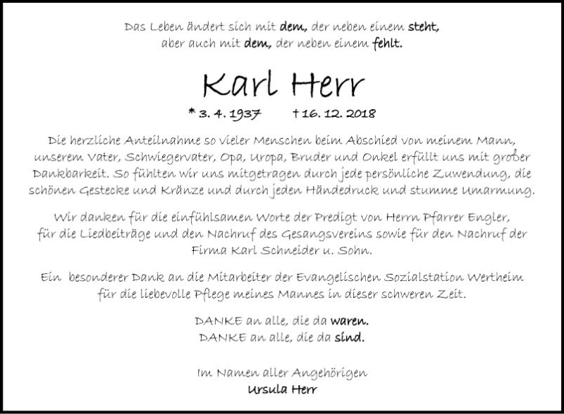 Traueranzeige für Karl Herr vom 09.01.2019 aus Fränkische Nachrichten