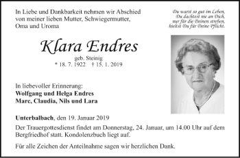 Traueranzeige von Klara Endres von Fränkische Nachrichten