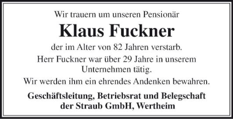  Traueranzeige für Klaus Fuckner vom 16.01.2019 aus Fränkische Nachrichten