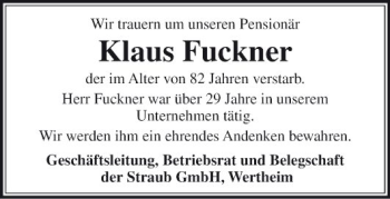 Traueranzeige von Klaus Fuckner von Fränkische Nachrichten