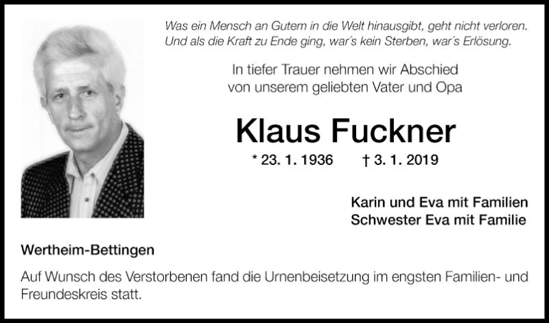  Traueranzeige für Klaus Fuckner vom 12.01.2019 aus Fränkische Nachrichten
