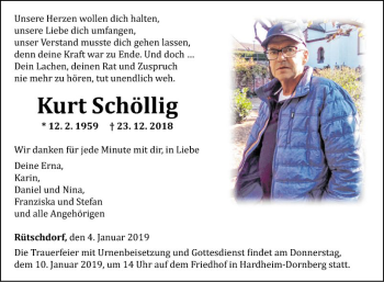 Traueranzeige von Kurt Schöllig von Fränkische Nachrichten