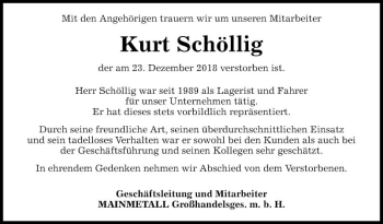 Traueranzeige von Kurt Schöllig von Fränkische Nachrichten