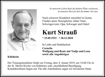 Traueranzeige von Kurt Strauß von Fränkische Nachrichten