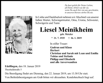 Traueranzeige von Liesel Meinikheim von Fränkische Nachrichten