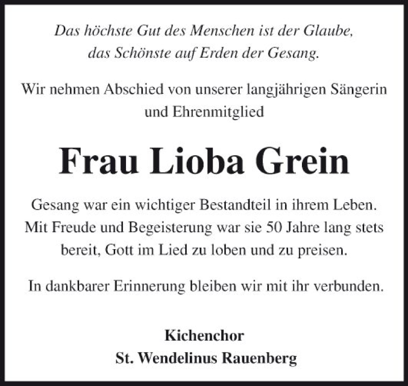  Traueranzeige für Lioba Grein vom 15.01.2019 aus Fränkische Nachrichten