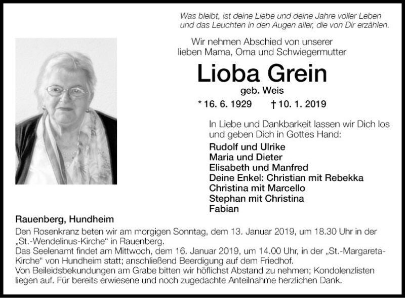  Traueranzeige für Lioba Grein vom 12.01.2019 aus Fränkische Nachrichten