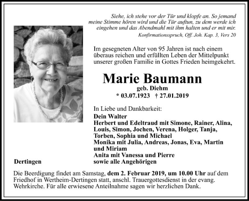  Traueranzeige für Marie Baumann vom 30.01.2019 aus Fränkische Nachrichten