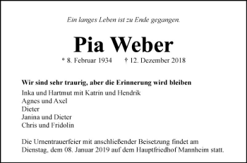 Traueranzeige von Pia Weber von Mannheimer Morgen