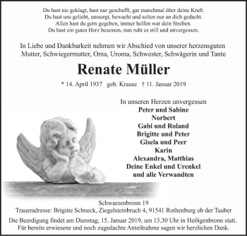 Traueranzeige von Renate Müller von Fränkische Nachrichten
