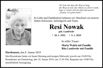 Traueranzeige von Resi Nowak von Fränkische Nachrichten
