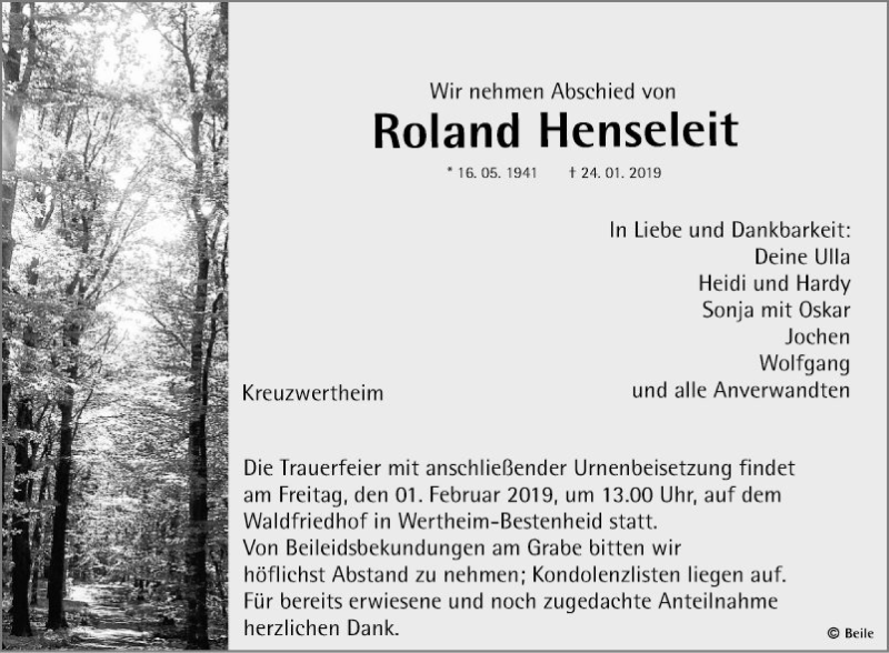  Traueranzeige für Roland Henseleit vom 30.01.2019 aus Fränkische Nachrichten