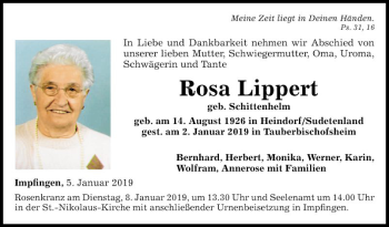 Traueranzeige von Rosa Lippert von Fränkische Nachrichten