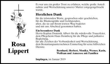 Traueranzeige von Rosa Lippert von Fränkische Nachrichten