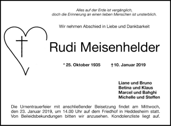 Traueranzeige von Rudi Meisenhelder von Mannheimer Morgen