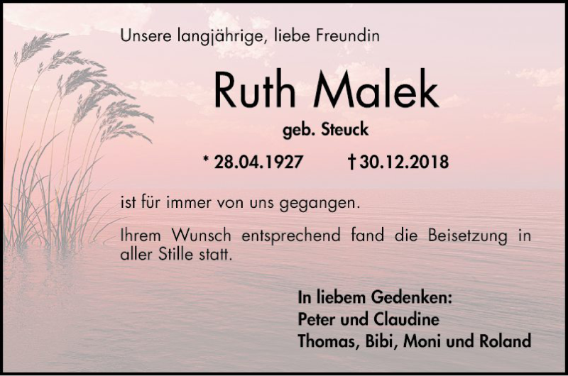  Traueranzeige für Ruth Malek vom 16.01.2019 aus Mannheimer Morgen