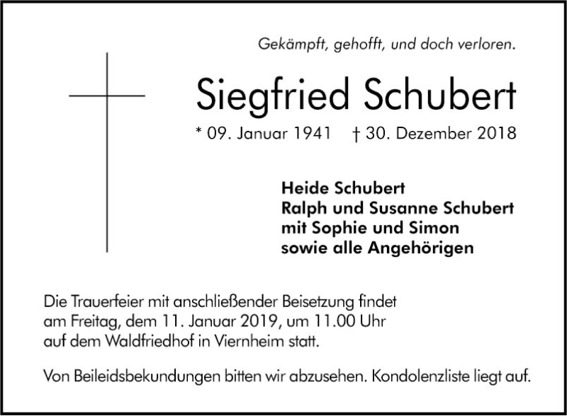  Traueranzeige für Siegfried Schubert vom 08.01.2019 aus Südhessen Morgen