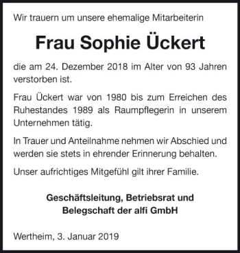 Traueranzeige von Sophie Ückert von Fränkische Nachrichten