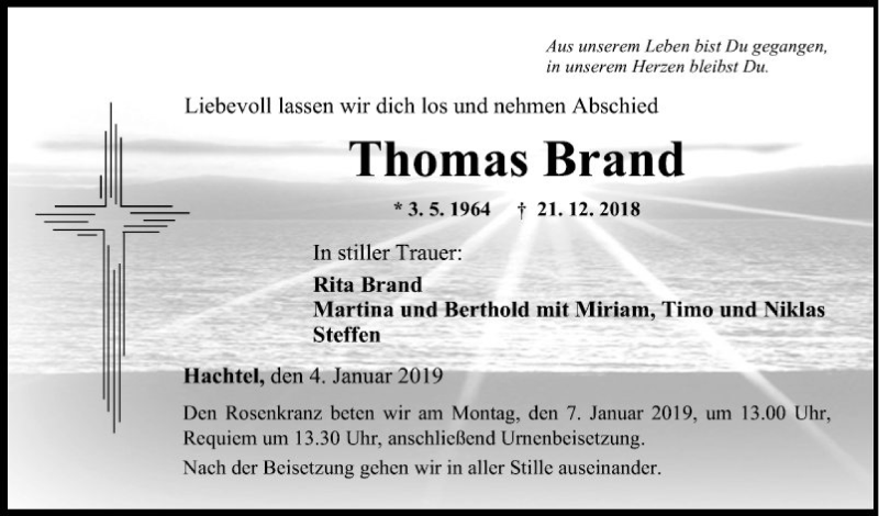  Traueranzeige für Thomas Brand vom 04.01.2019 aus Fränkische Nachrichten