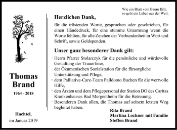 Traueranzeige von Thomas Brand von Fränkische Nachrichten