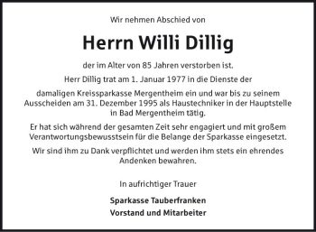 Traueranzeige von Willi Dillig von Fränkische Nachrichten