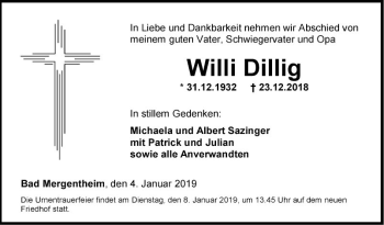 Traueranzeige von Willi Dillig von Fränkische Nachrichten