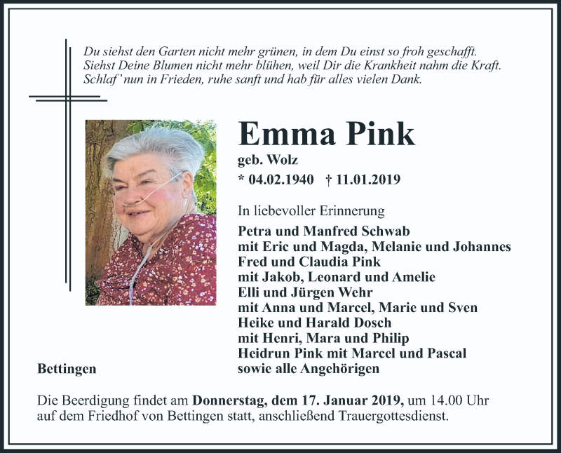  Traueranzeige für Emma Pink vom 14.01.2019 aus Fränkische Nachrichten