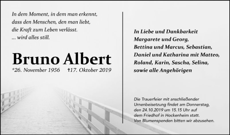  Traueranzeige für Bruno Albert vom 19.10.2019 aus Schwetzinger Zeitung