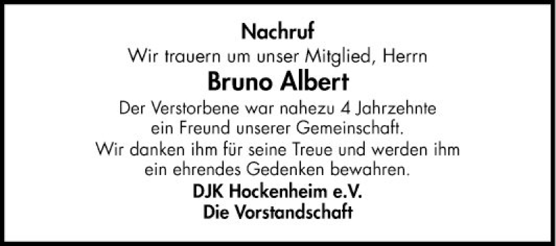  Traueranzeige für Bruno Albert vom 22.10.2019 aus Schwetzinger Zeitung